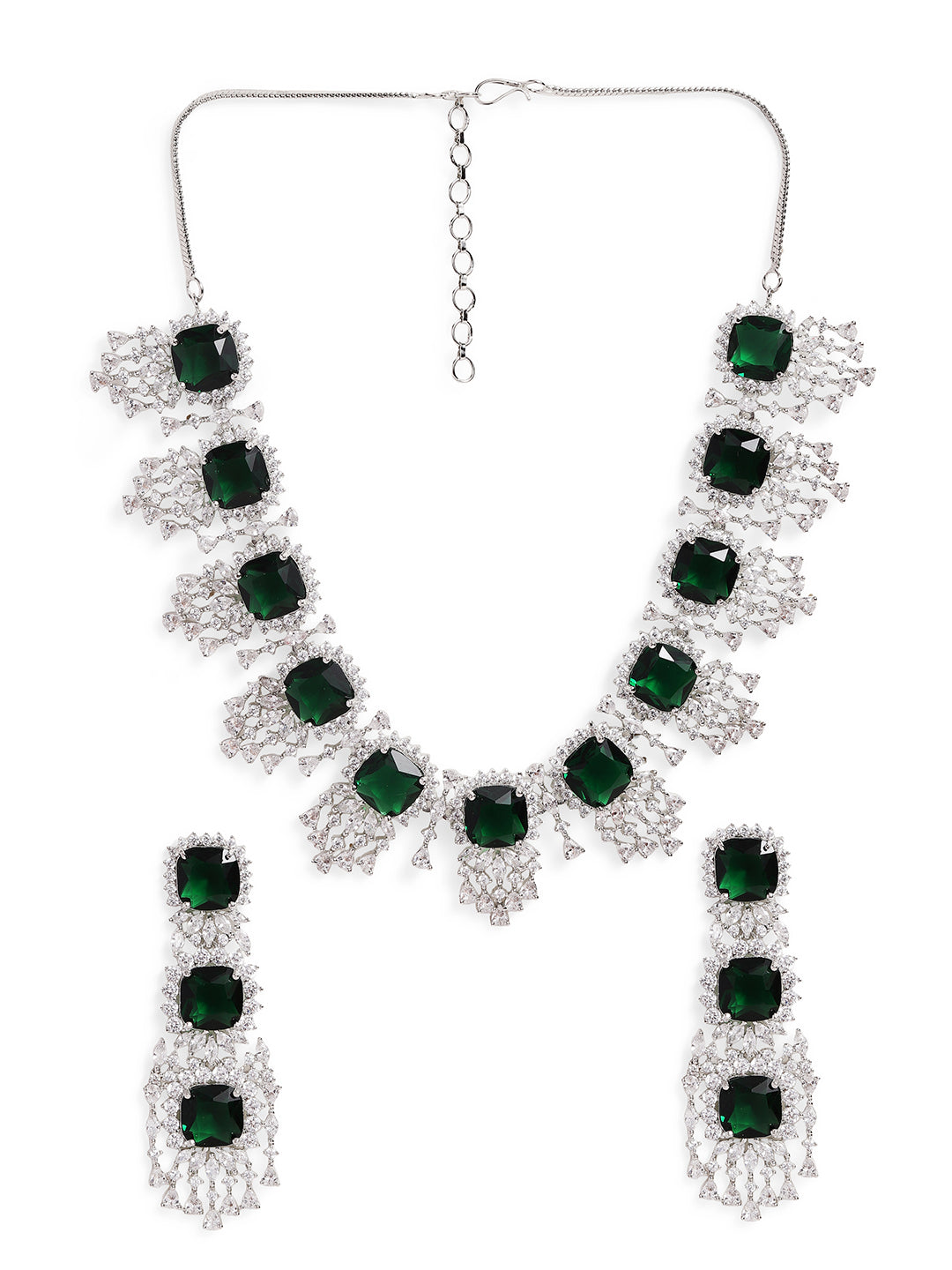 Ishin Green Colour Silver Plated American Diamond Jewellery Set