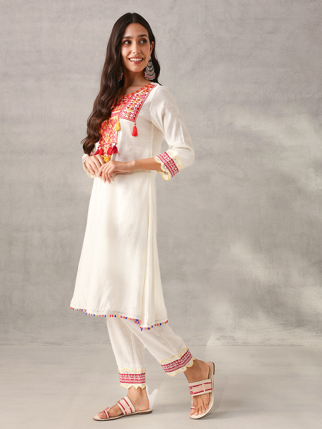 Soft White Viscose Silk Embroidered Straight Fit Kurta Set with Dupatta