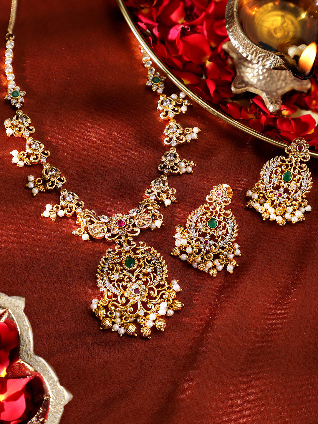 Ishin Goddess Elegance Temple Style Gold Plated Drop Earrings Jewellery Set
