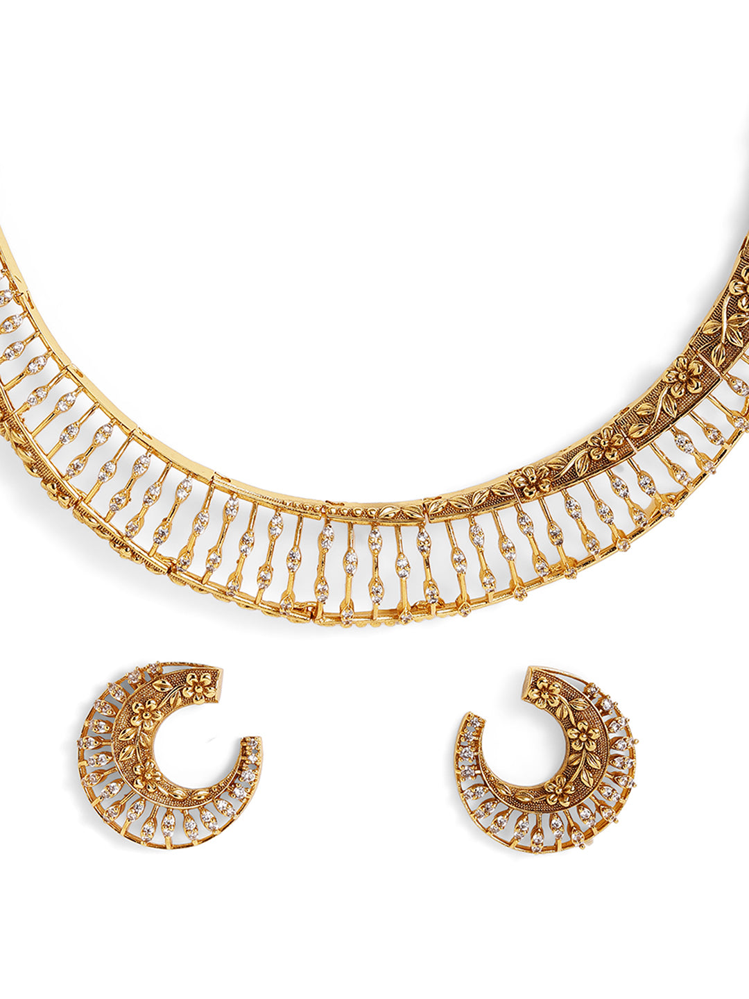 Ishin Floral Style Gold Plated Green Stoned Necklace Stud Earrings Jewellery Set