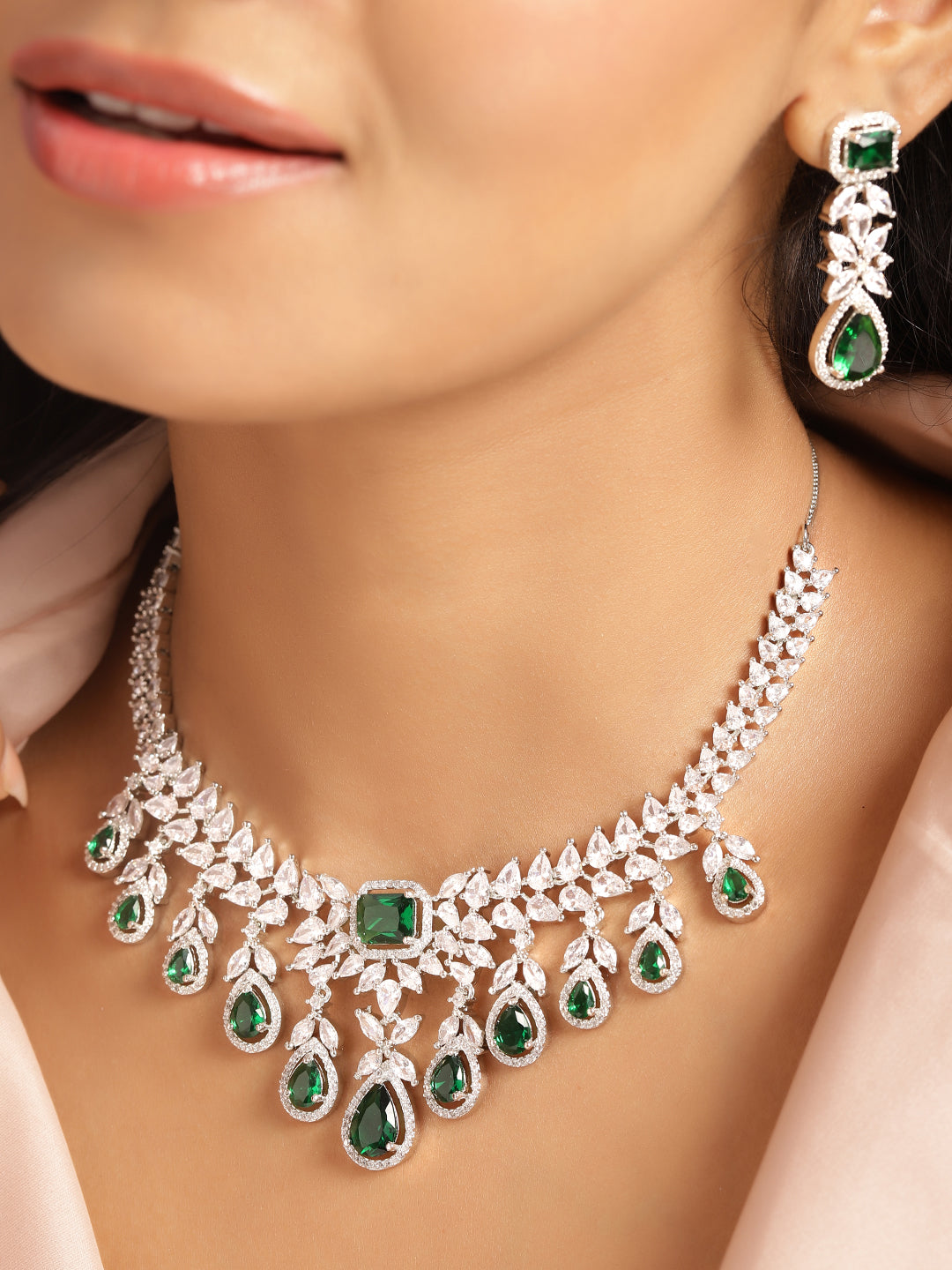 Ishin Green Colour Silver Plated American Diamond Jewellery Set
