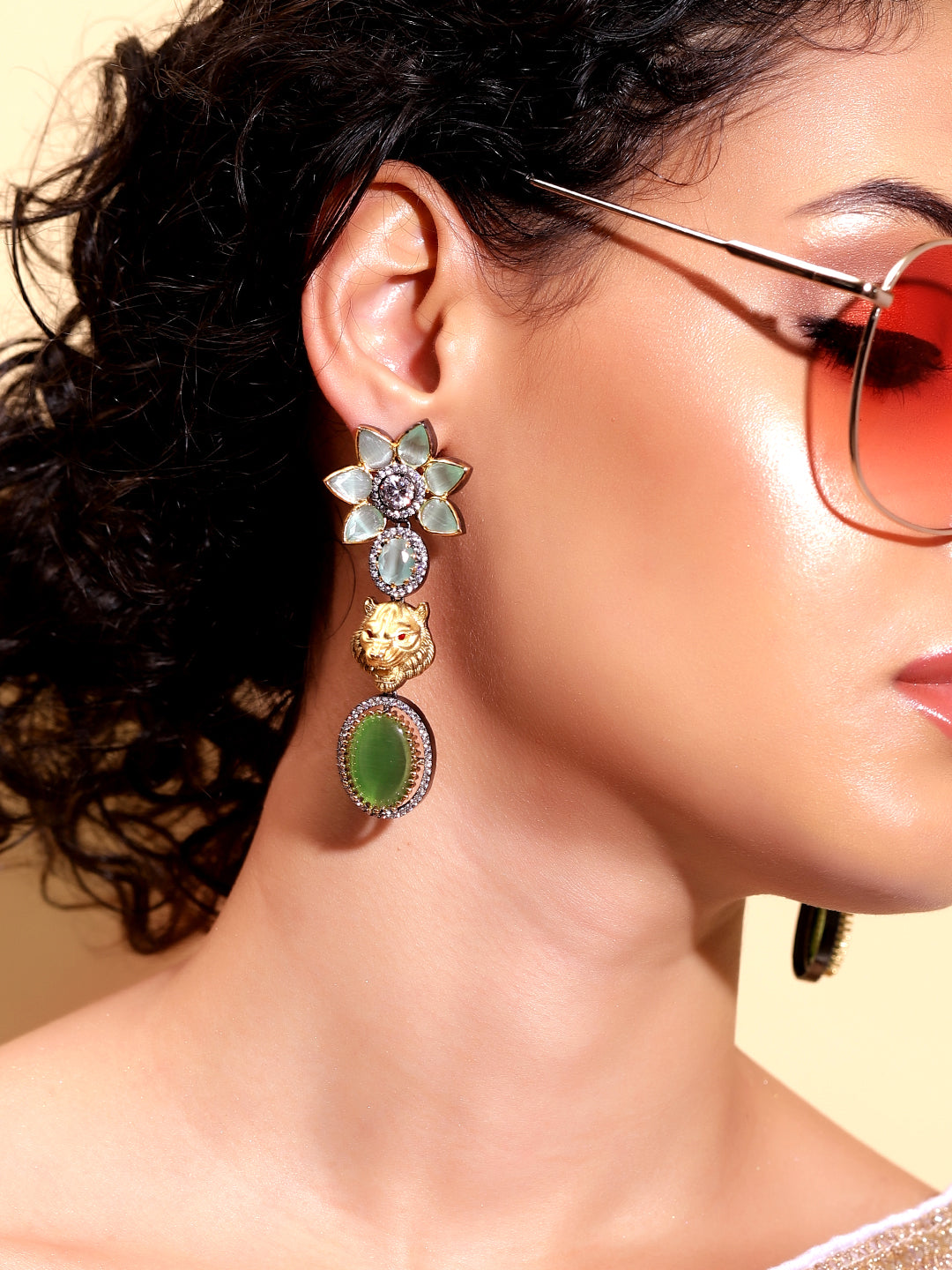 Ishin Green  Colour Silver Plated AD Drop Earring