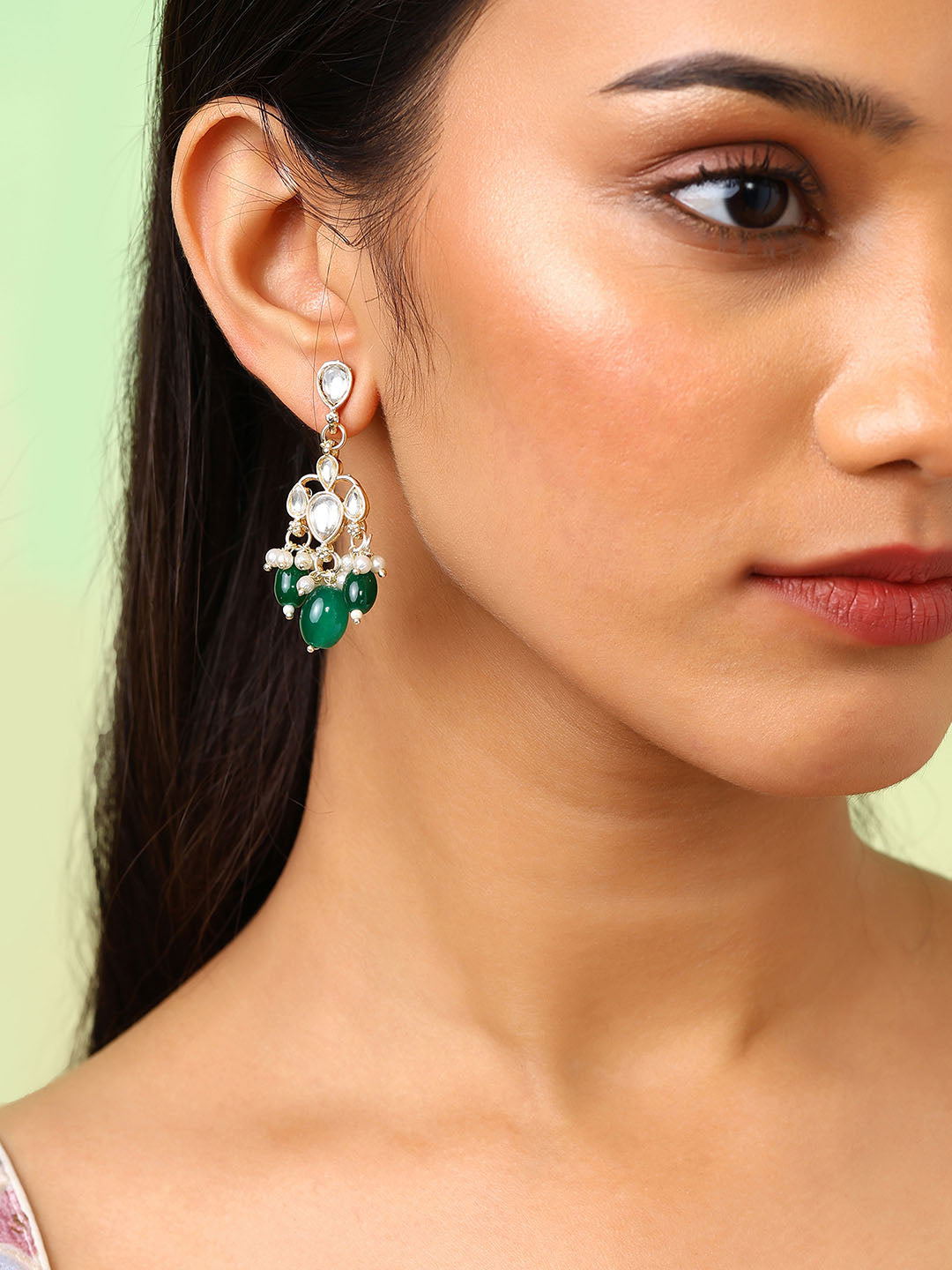 Ishin Plain Kundan Gold Plated Green Beads Pushback Drop Earrings