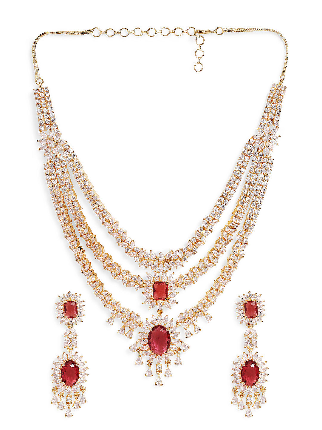 Ishin Red Colour Gold Plated American Diamond Jewellery Set