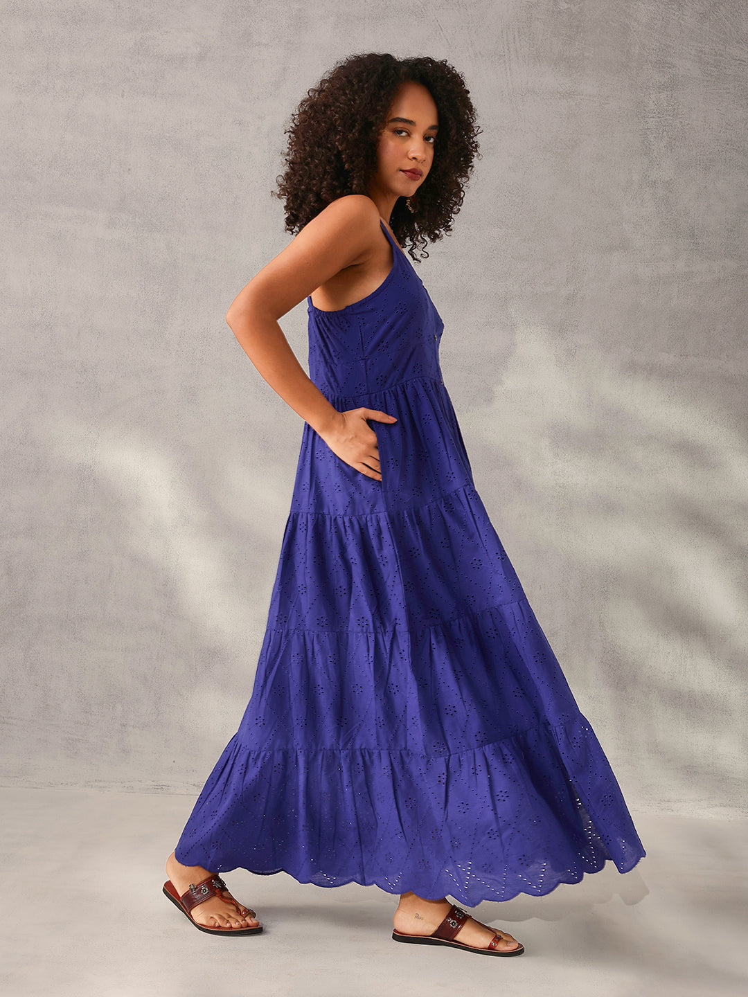 Comfy Blue Cotton Schiffli Tiered fit Dress
