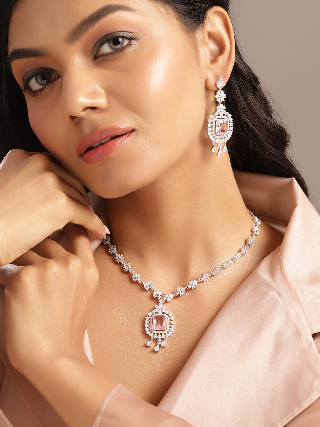 Ishin Pink Colour Silver Plated American Diamond Jewellery Set