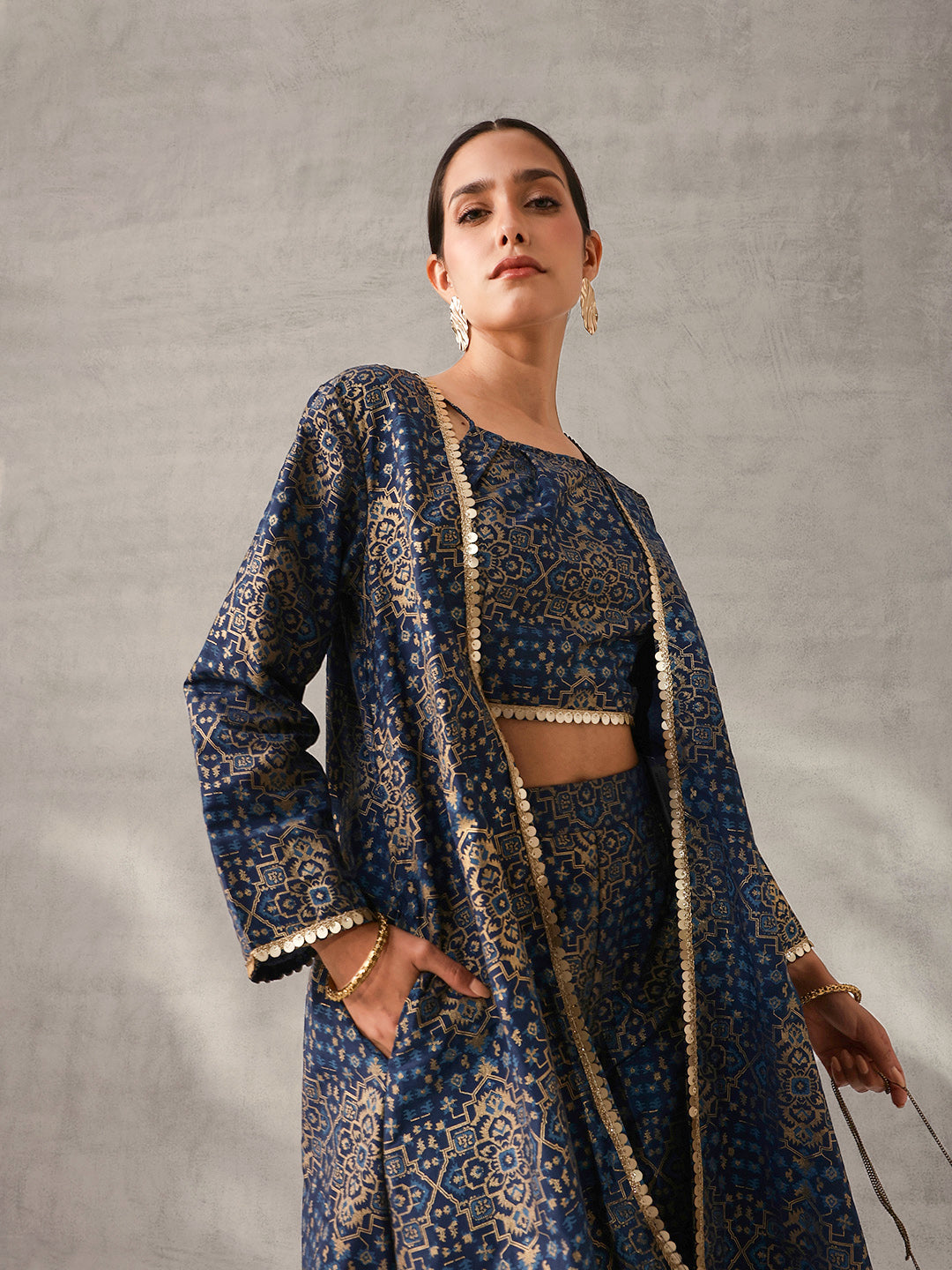 Rich Blue Chinon Foil Printed Regular Fit Co-ords with Palazzo Bottom