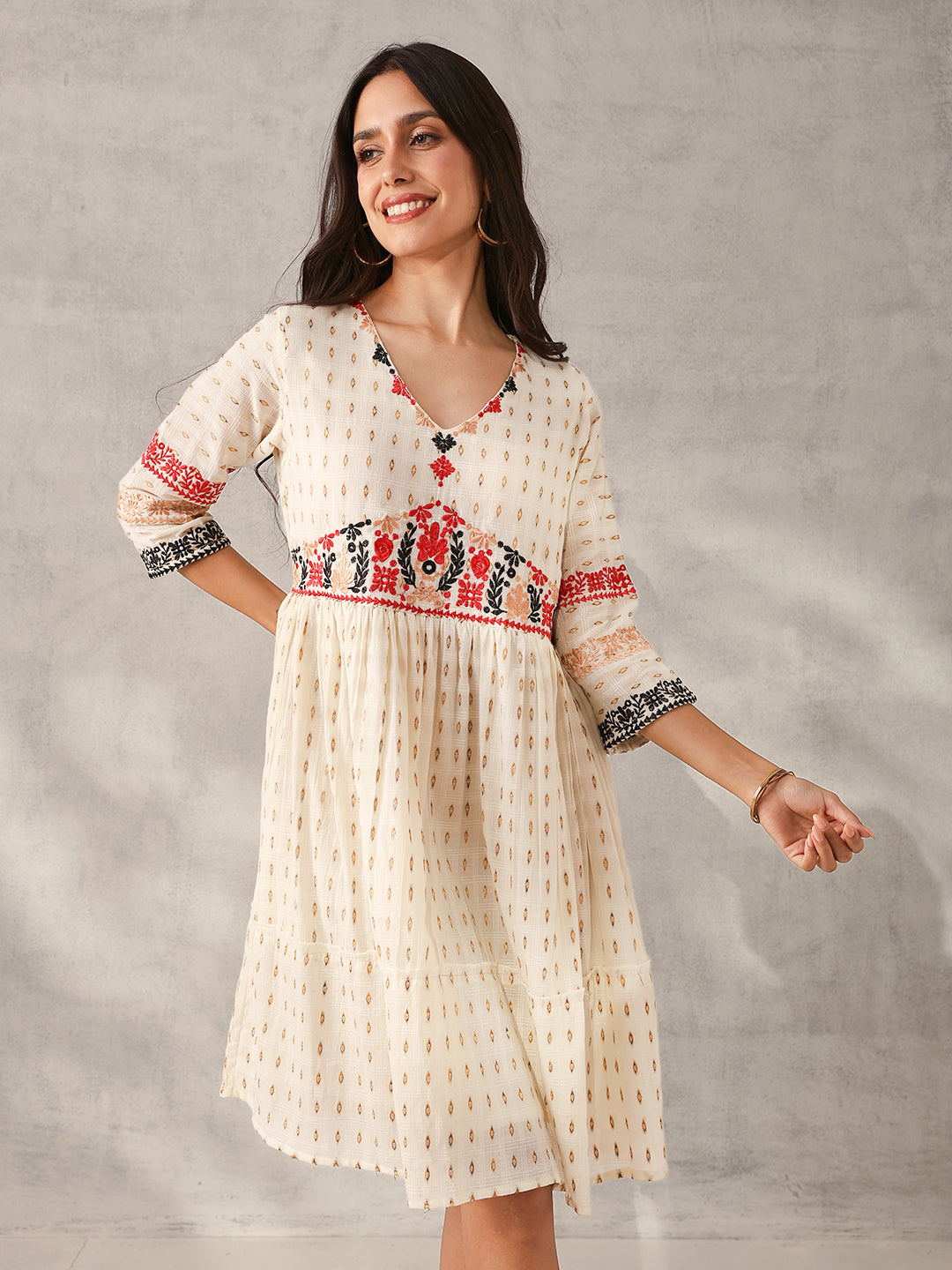 Comfy Cream Cotton Dobby Embroidered Regular Fit Dress