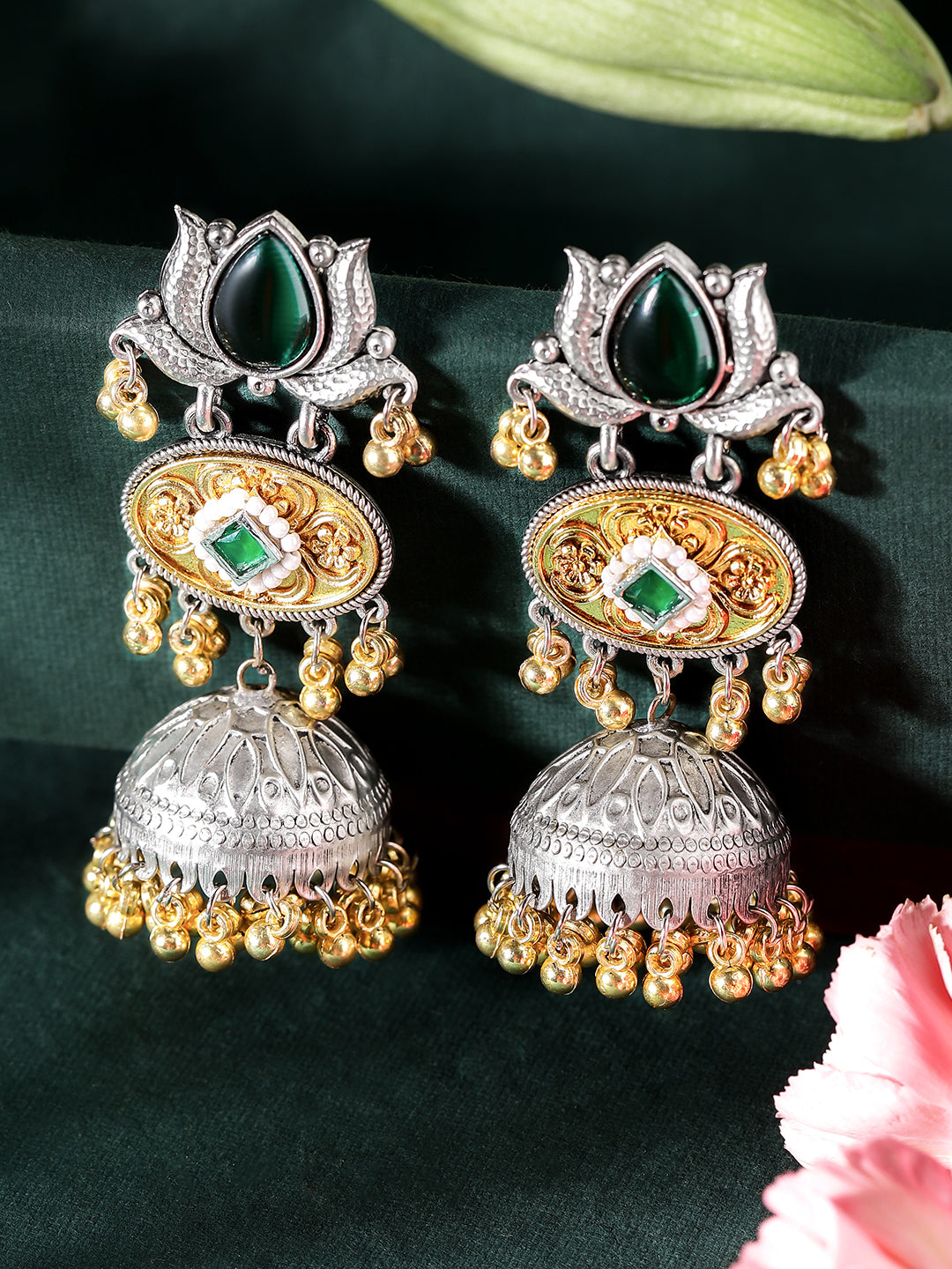 Ishin Green Colour Silver Plated Emerald Jhumka Earring