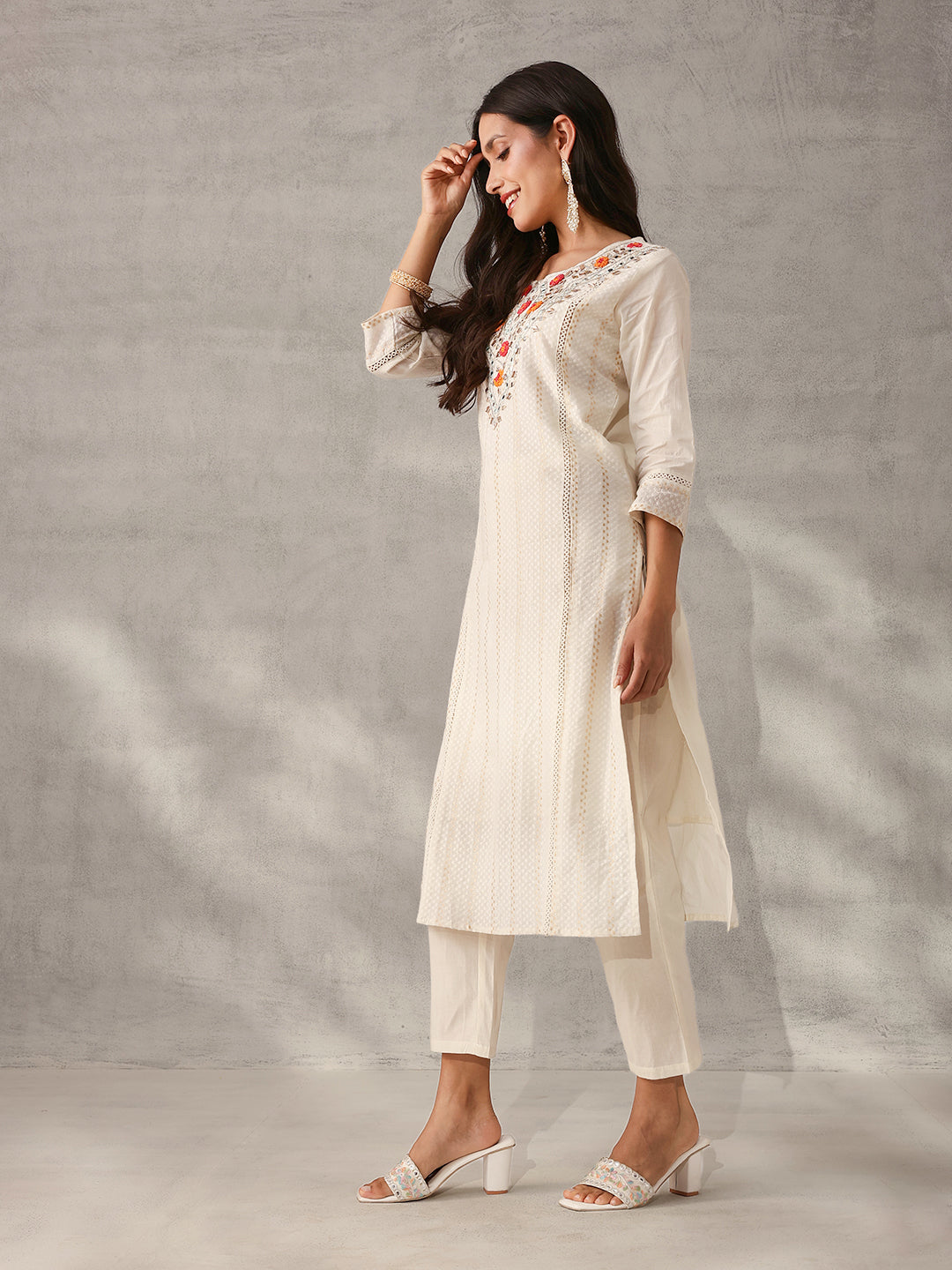 Graceful Off-White Cotton Embroidered straight fit Kurta Set with Hand-Painted Dupatta
