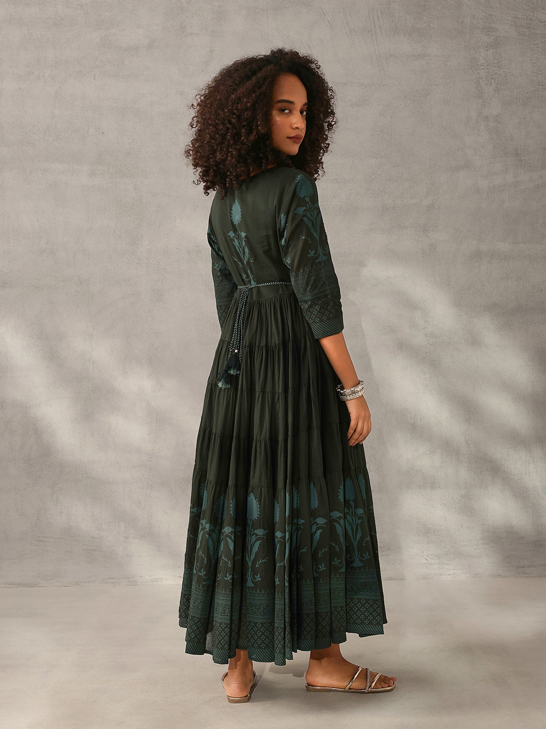 Graceful Green Cotton Printed with Embroidered Fit & Flare Gown