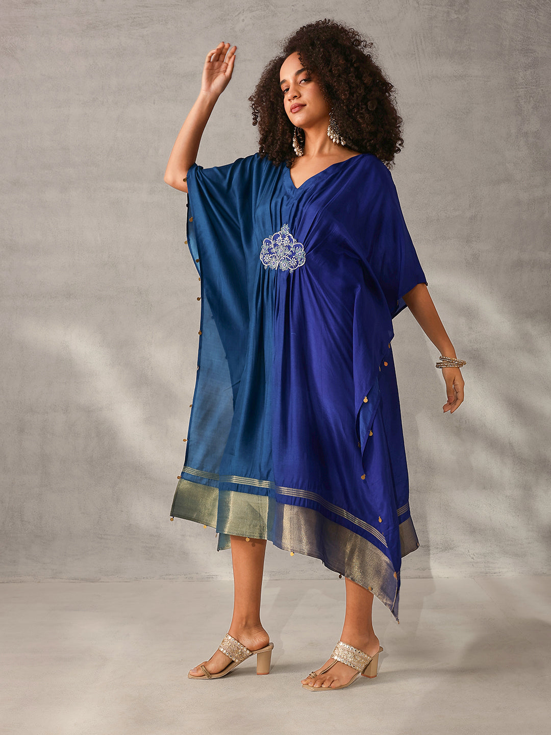 Rich Blue Silk Blend Ombre with Embroidered Kaftan