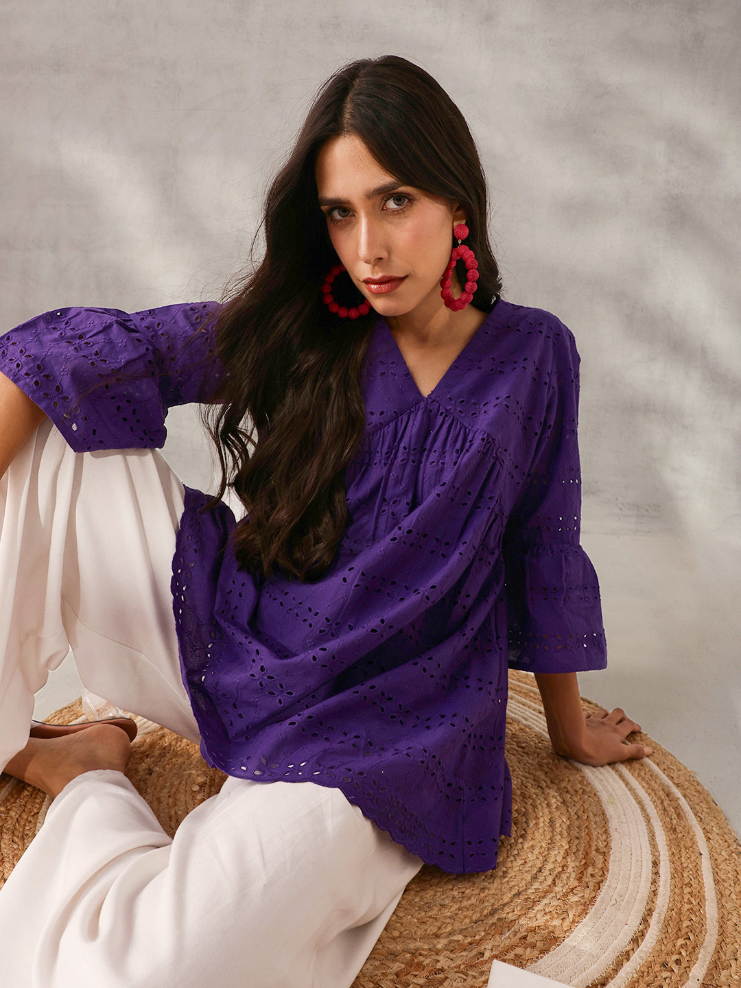 Comfy Purple Cotton Schiffli Regular Fit Top