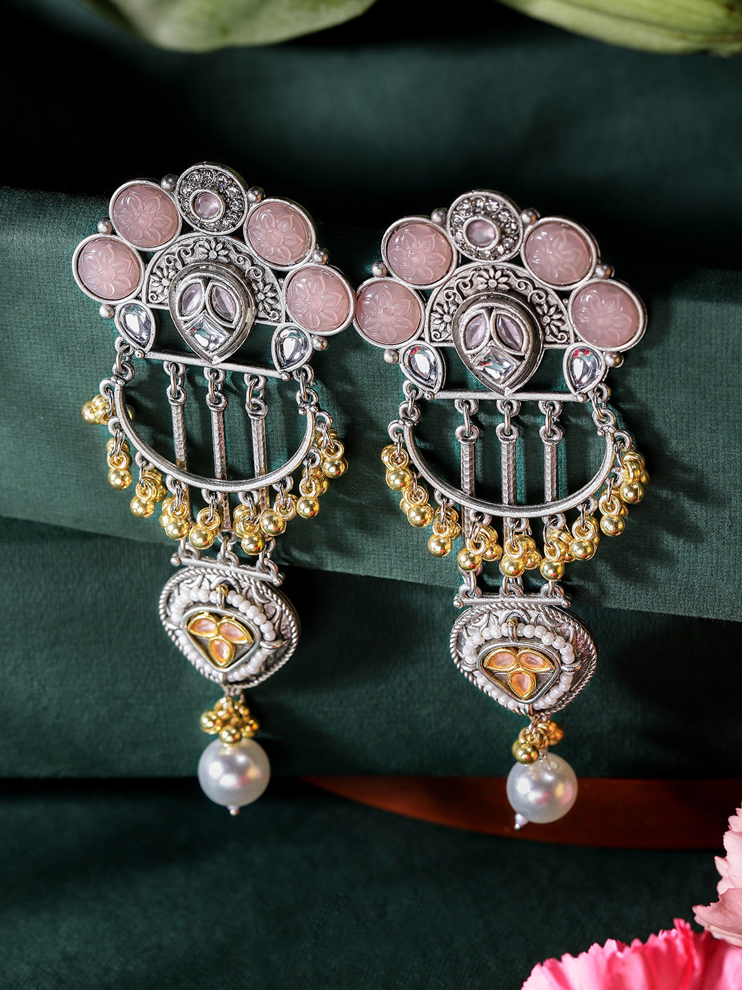 Ishin Pink Colour Silver Plated Pearl Chandbali Earring