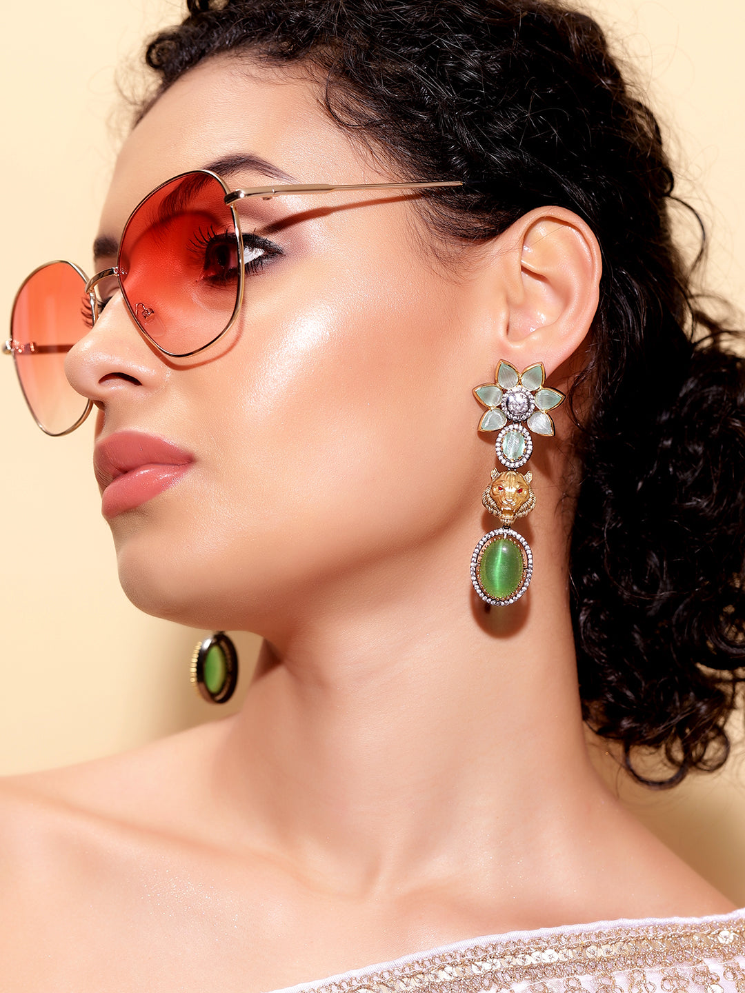 Ishin Green  Colour Silver Plated AD Drop Earring