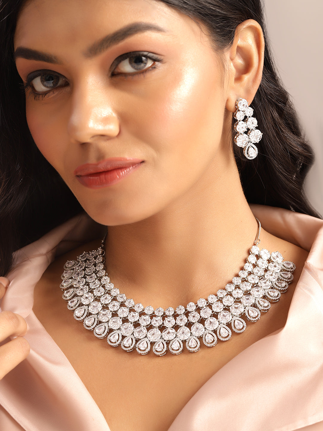 Ishin White Colour Silver Plated American Diamond Jewellery Set