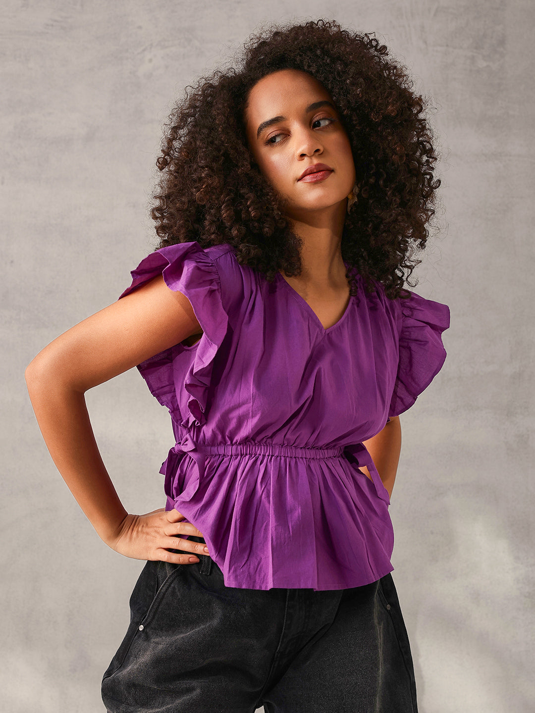 Comfy Purple Cotton Linen Solid Regular Fit Top