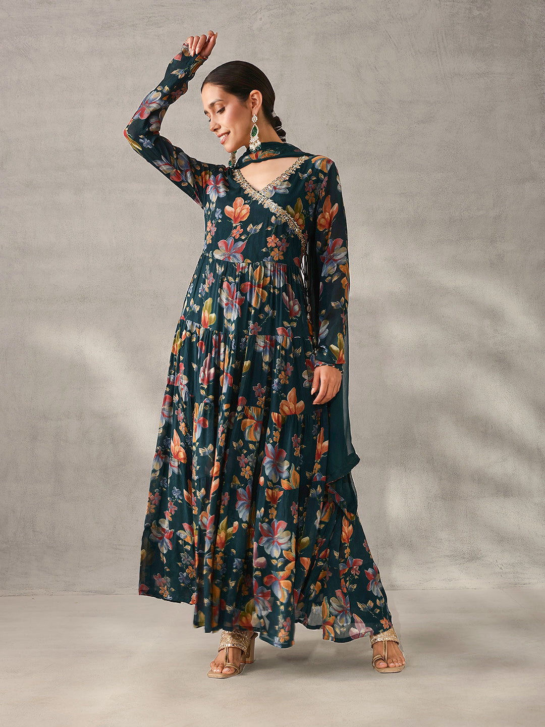 Graceful Blue Chinon Floral Printed Tiered Kurta Set with Dupatta