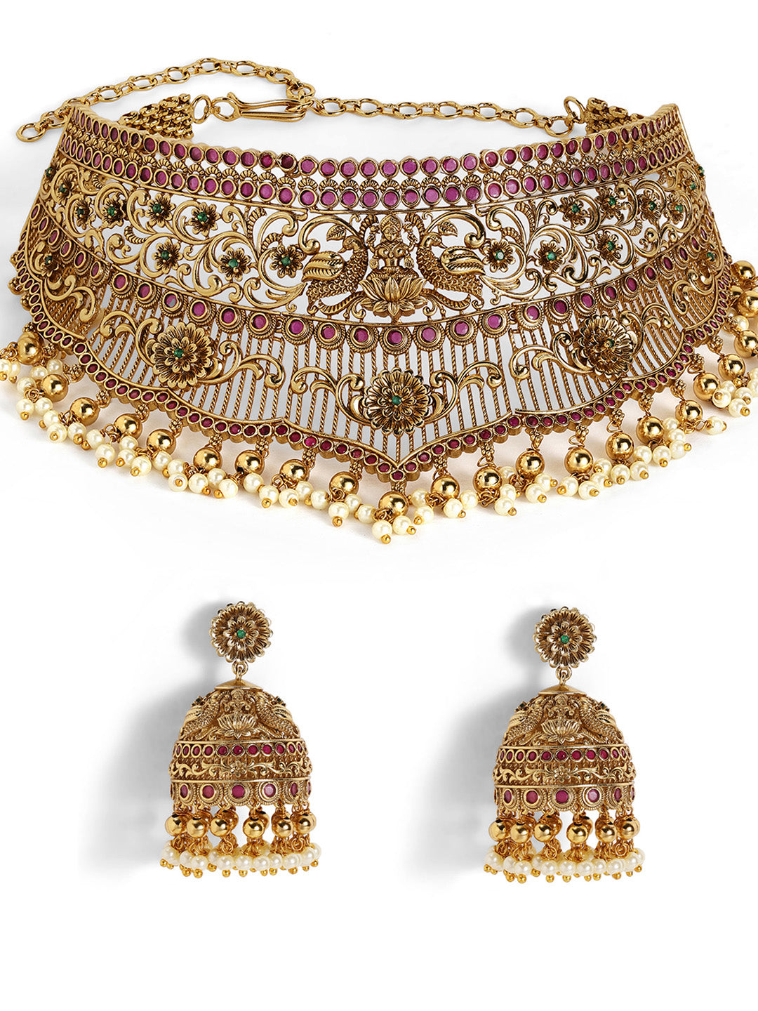 Ishin Floral Elegance Goddess Pattern Gold Plated Necklace Drop Earrings Jewellery Set