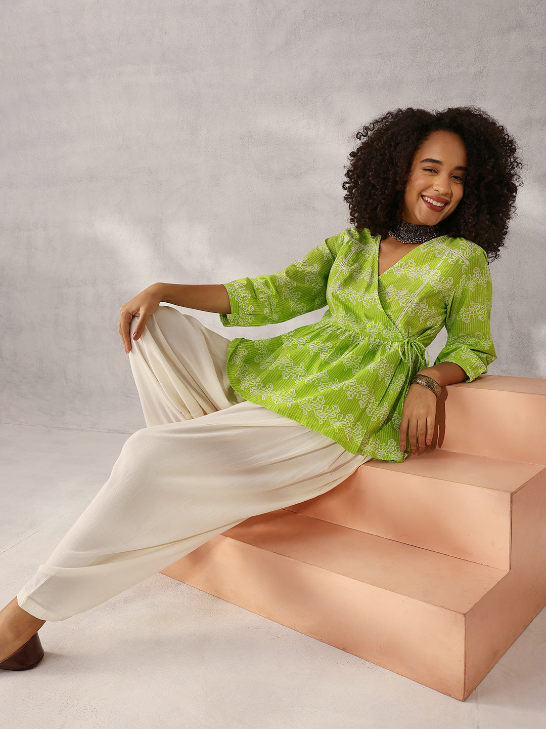 Comfy Green Cotton Printed Angrakha fit Top