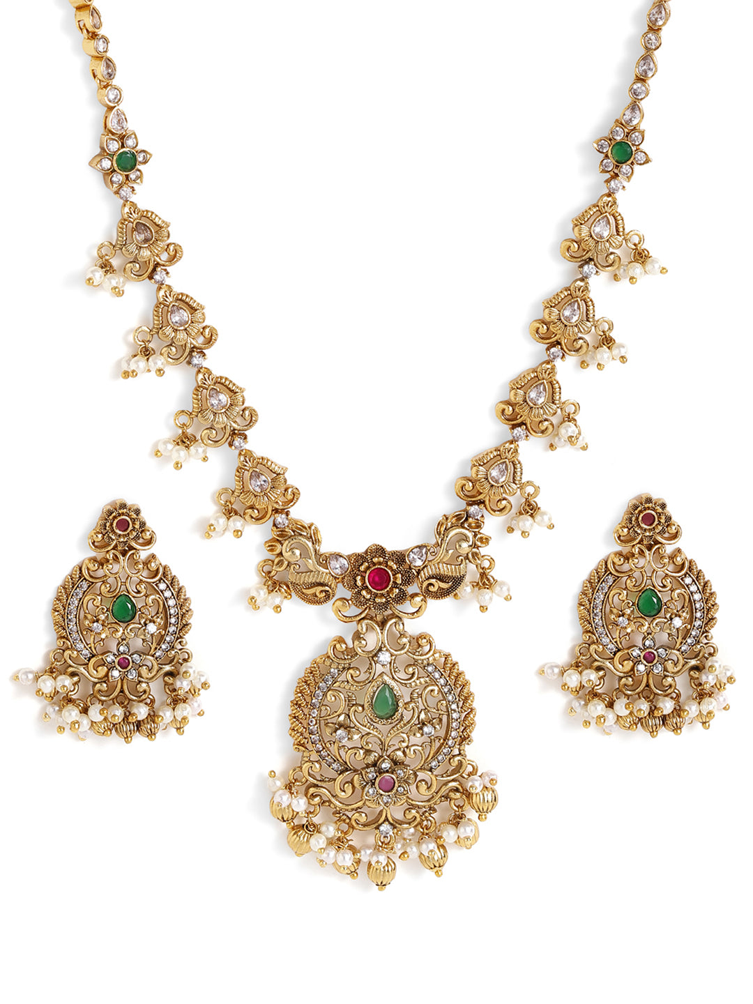 Ishin Goddess Elegance Temple Style Gold Plated Drop Earrings Jewellery Set