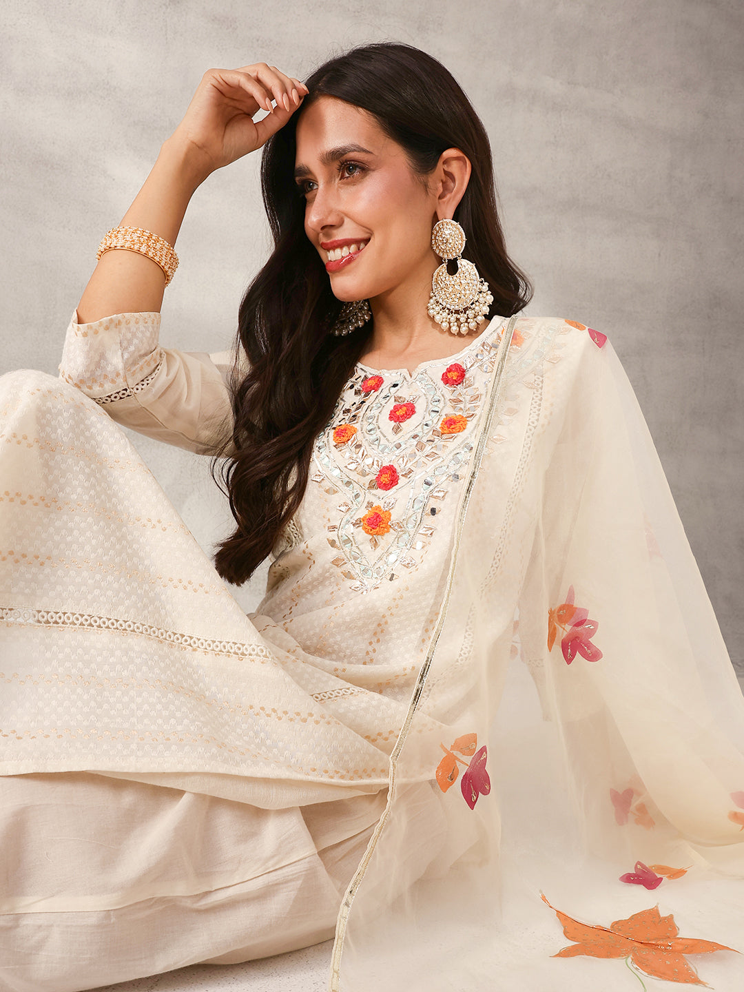 Graceful Off-White Cotton Embroidered straight fit Kurta Set with Hand-Painted Dupatta