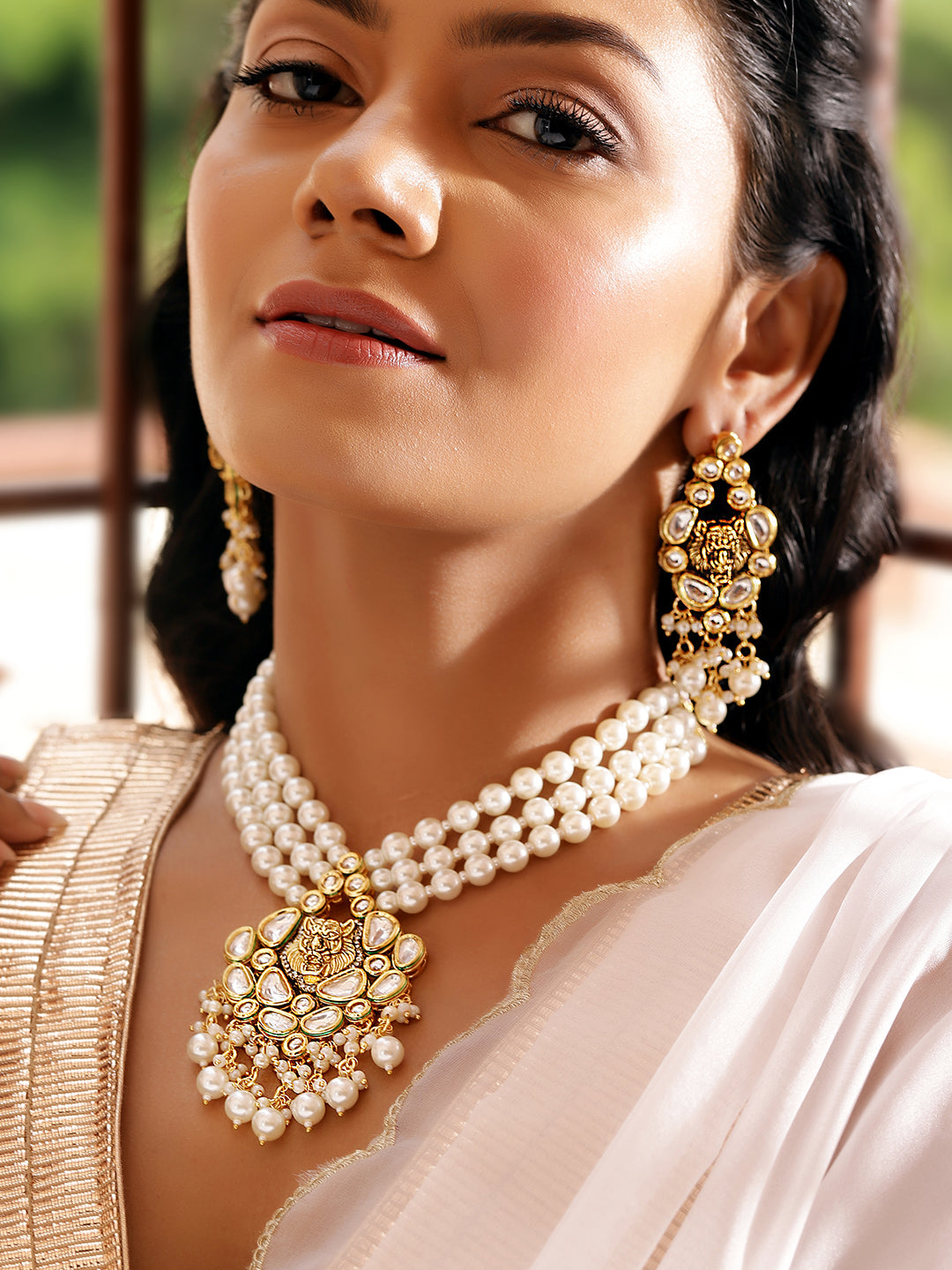 Ishin White Colour Gold plated Kundan with pearl Jewellery set