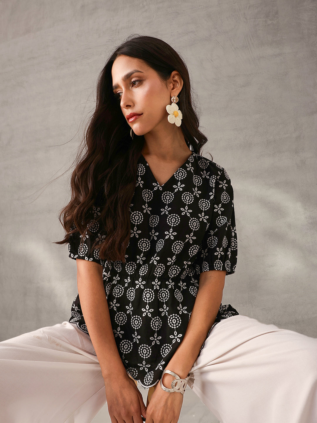 Comfy Black Cotton Embroidered Regular Fit Top
