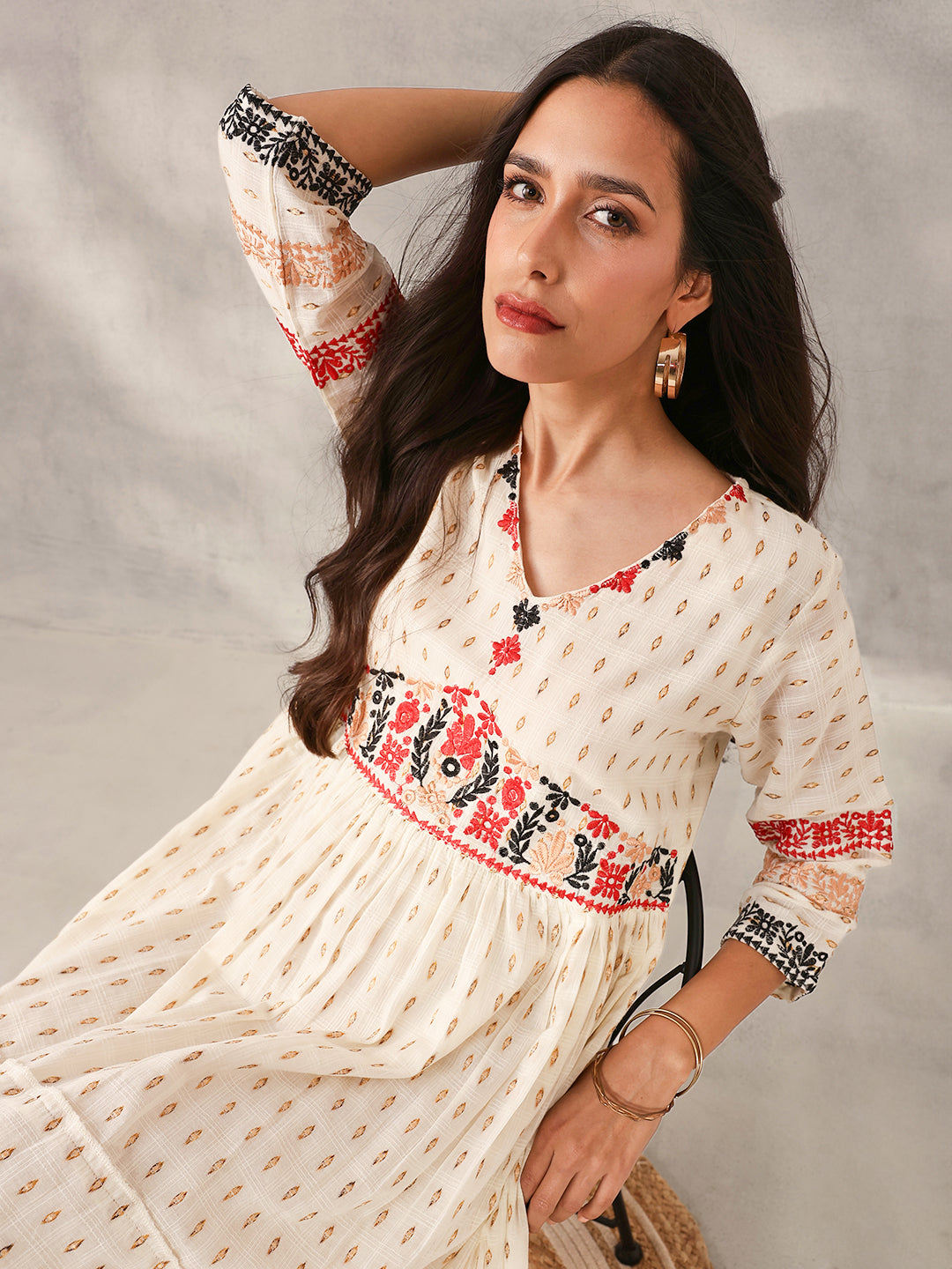 Comfy Cream Cotton Dobby Embroidered Regular Fit Dress