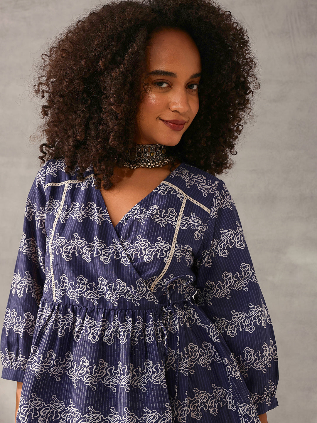 Comfy Navy Blue Cotton Printed Angrakha fit Top