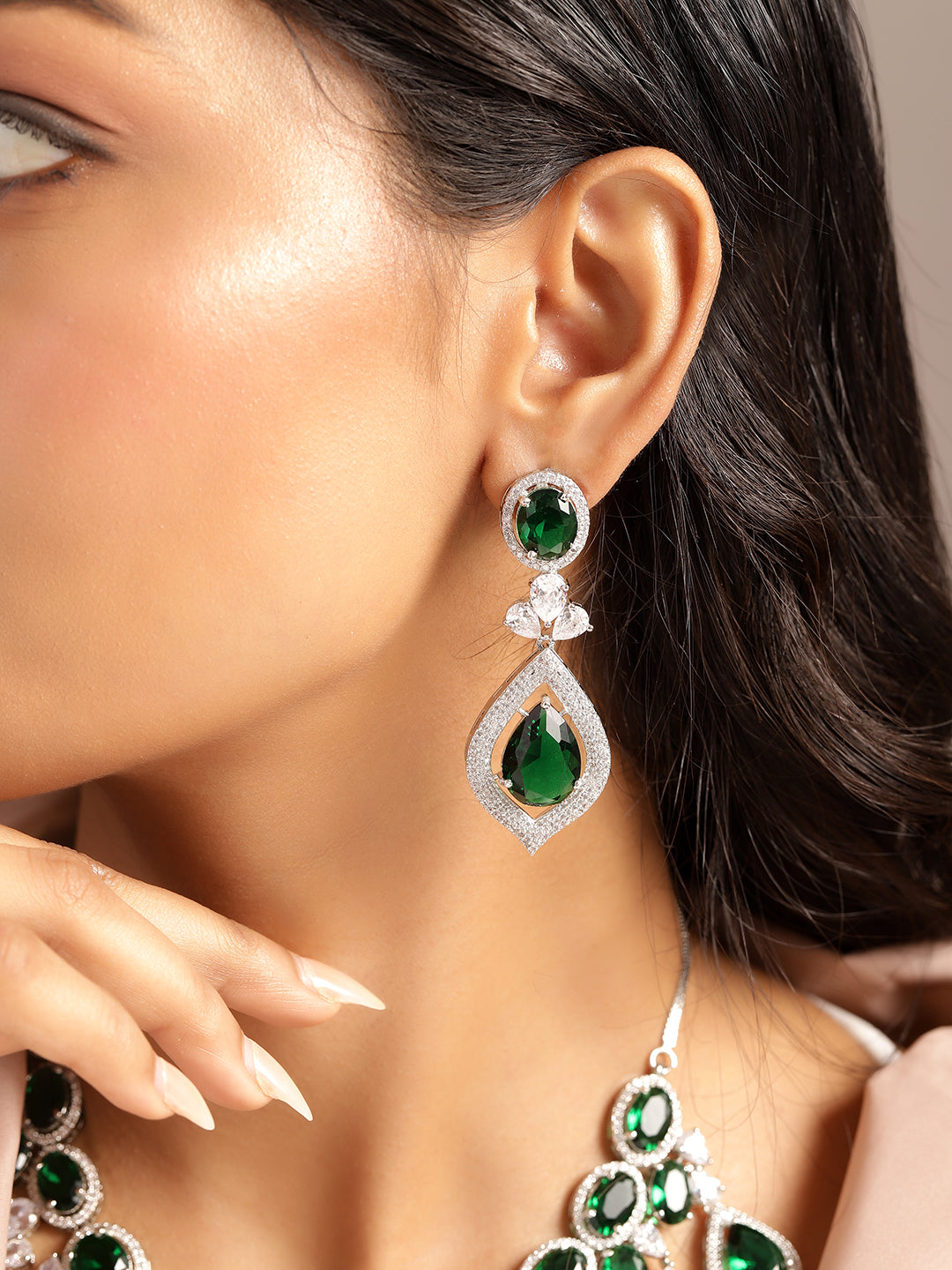Ishin Green Colour Silver plated American Diamond Jewellery set