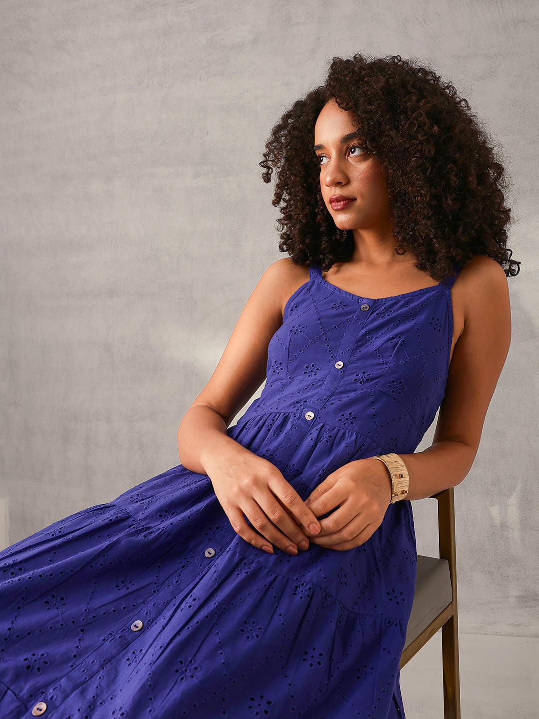 Comfy Blue Cotton Schiffli Tiered fit Dress