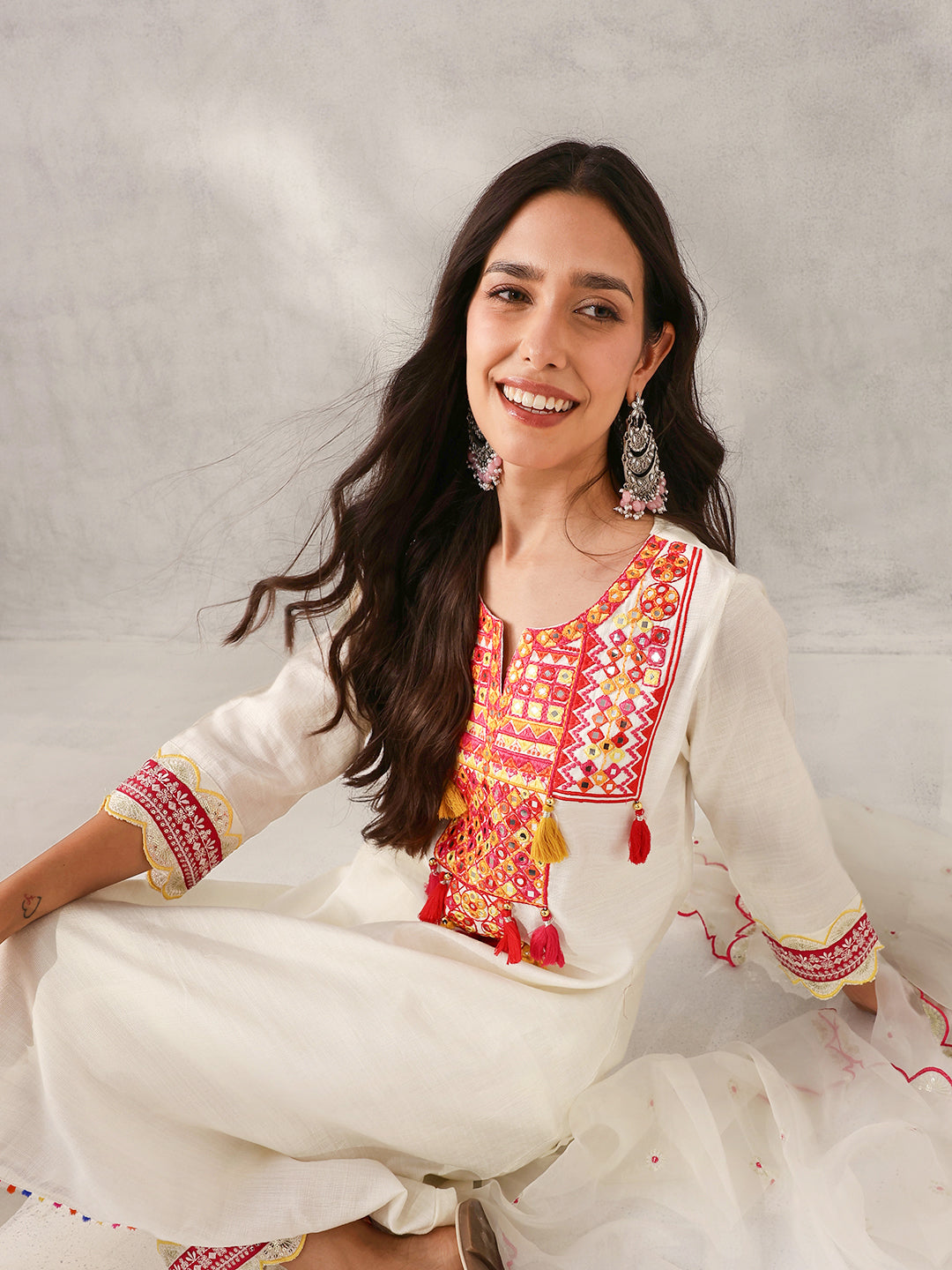 Soft White Viscose Silk Embroidered Straight Fit Kurta Set with Dupatta