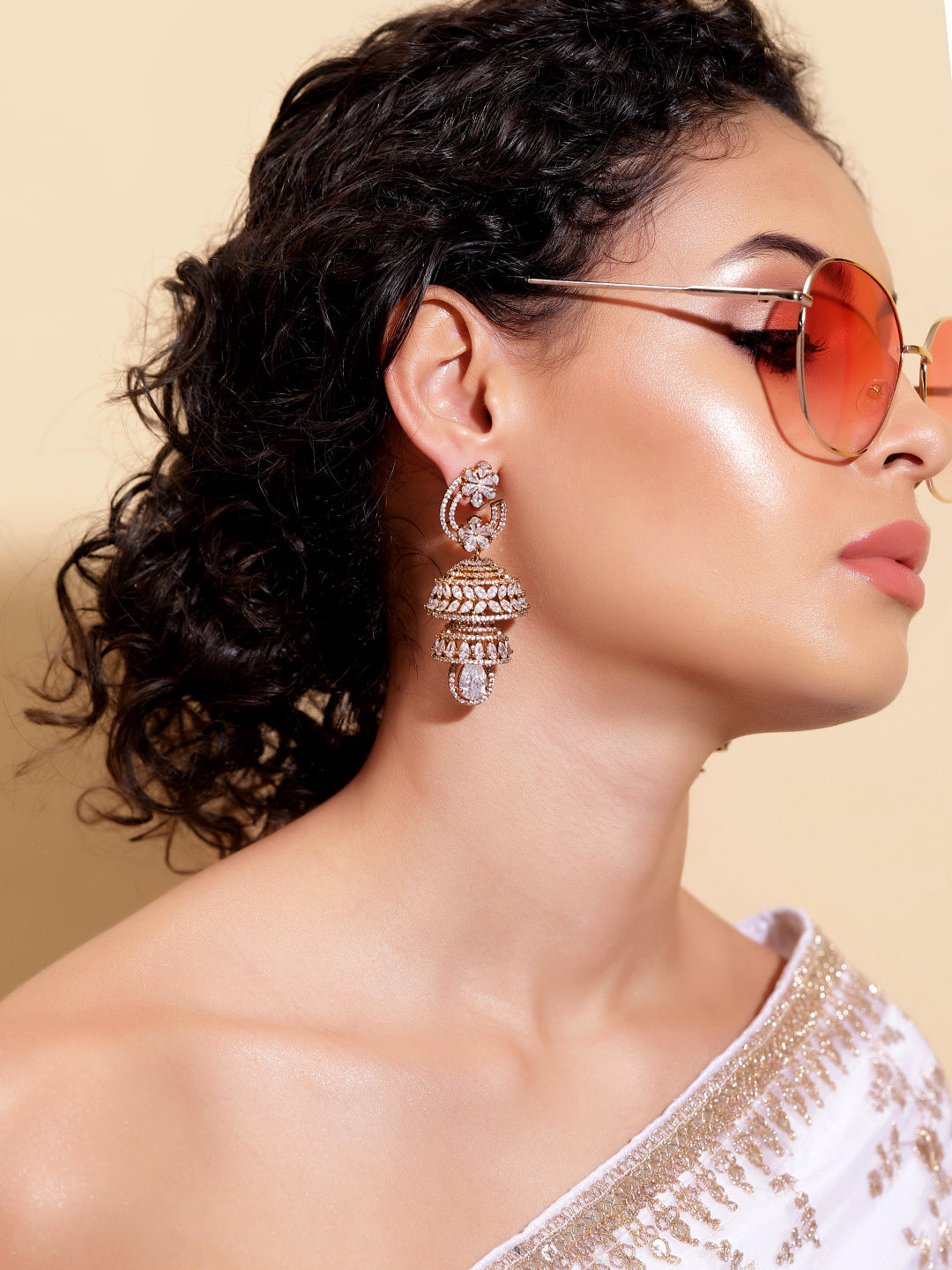 Ishin White  Colour Gold Plated AD Jhumka Earring