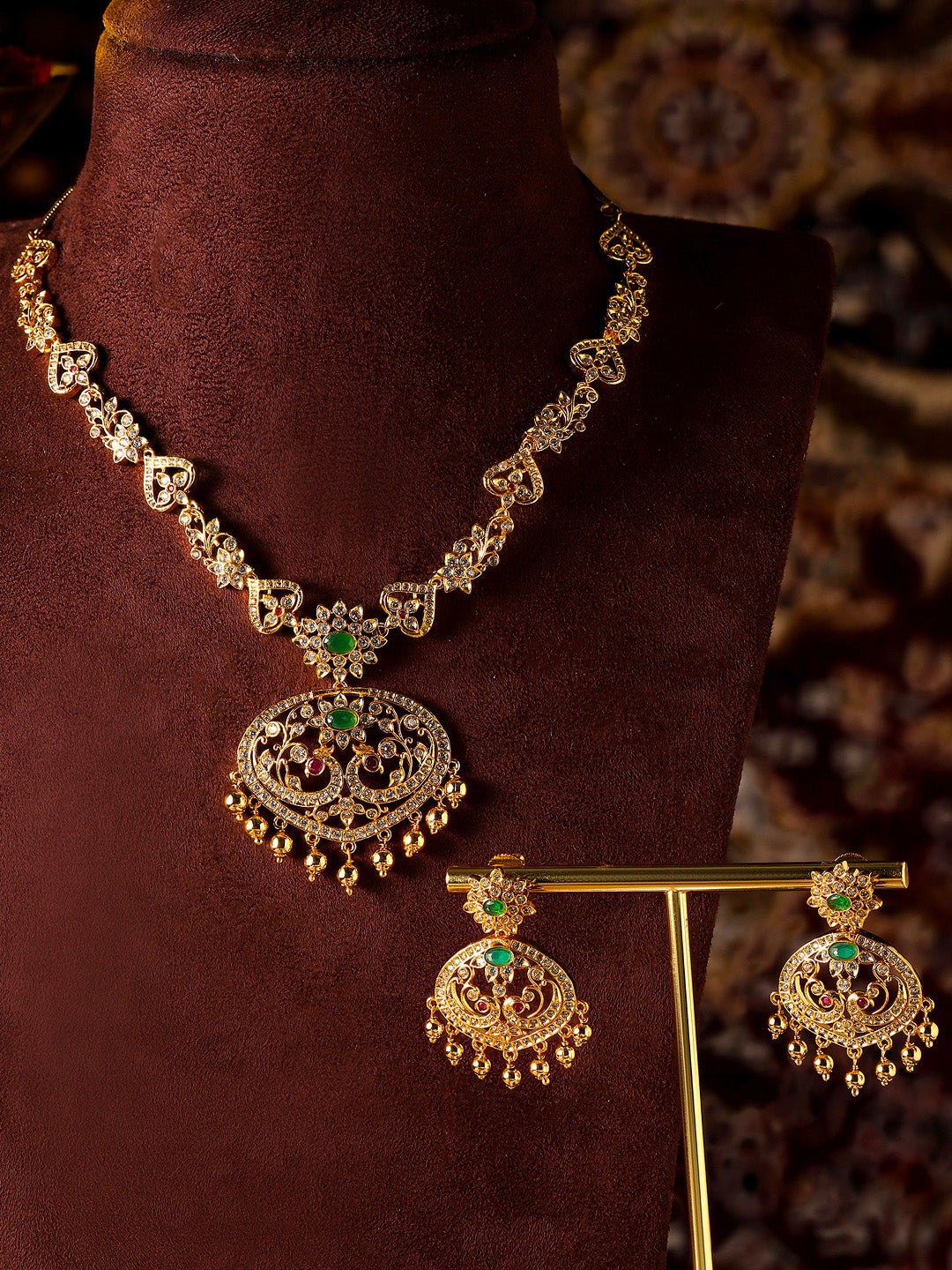 Ishin Ganesh Design Gold Plated AD Styled Necklace Drop Earrings Jewellery Set