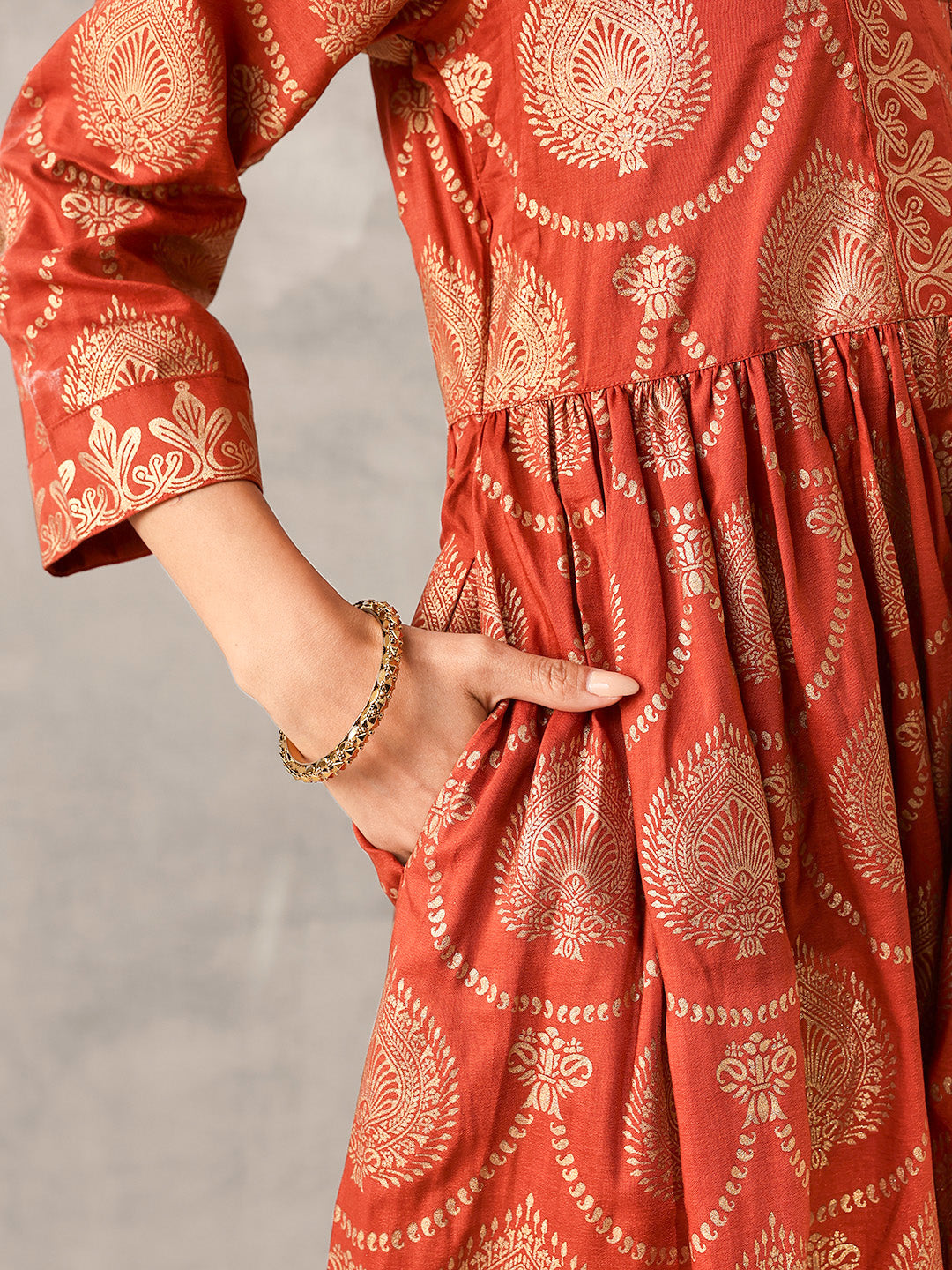 Rich Rust Chinon Foil Printed Fit & Flare Kurta