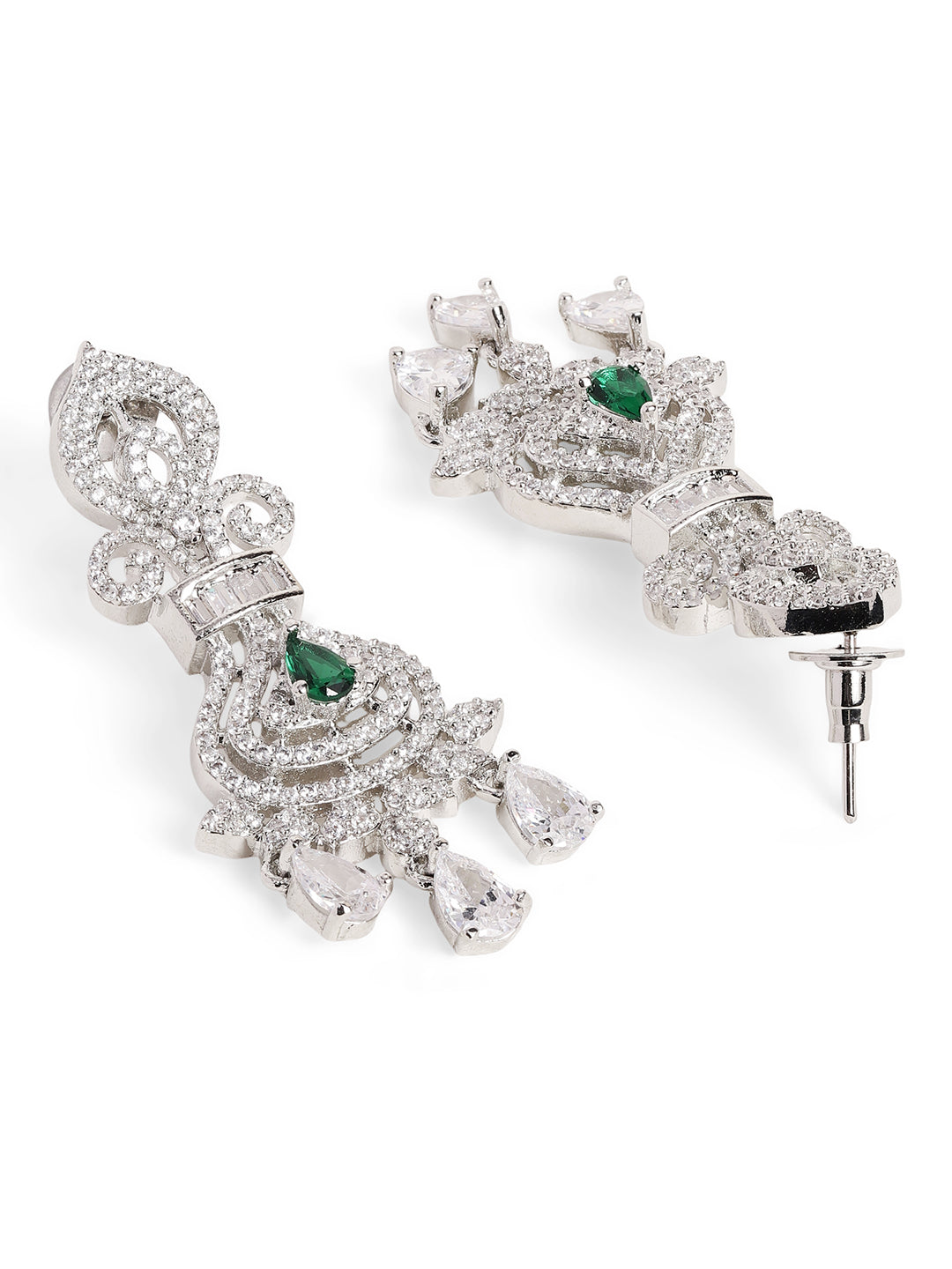 Ishin Green Colour Silver Plated American Diamond Jewellery Set
