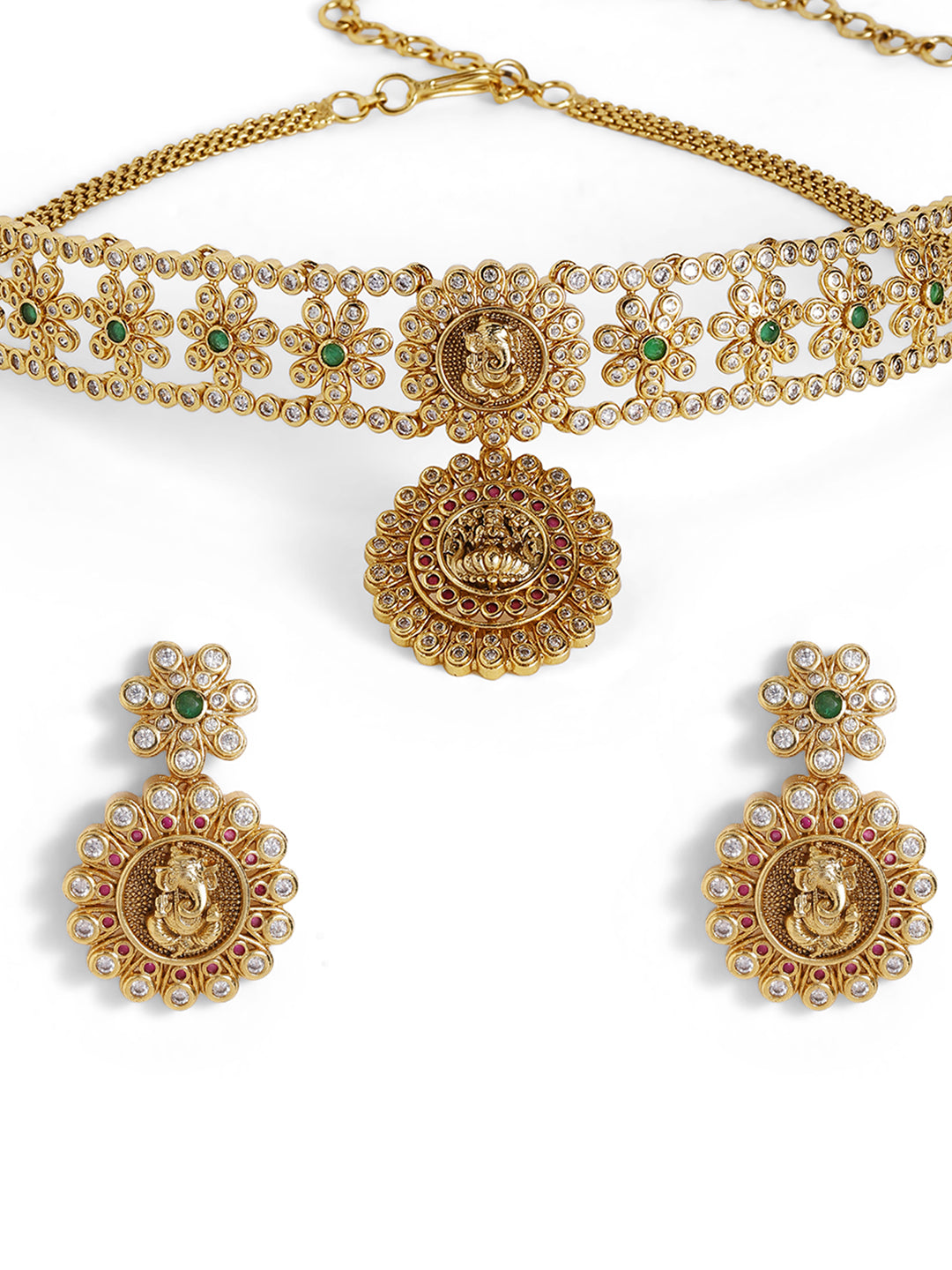 Ishin Goddess Pattern Gold Plated Floral style Necklace Drop Earrings Jewellery Set