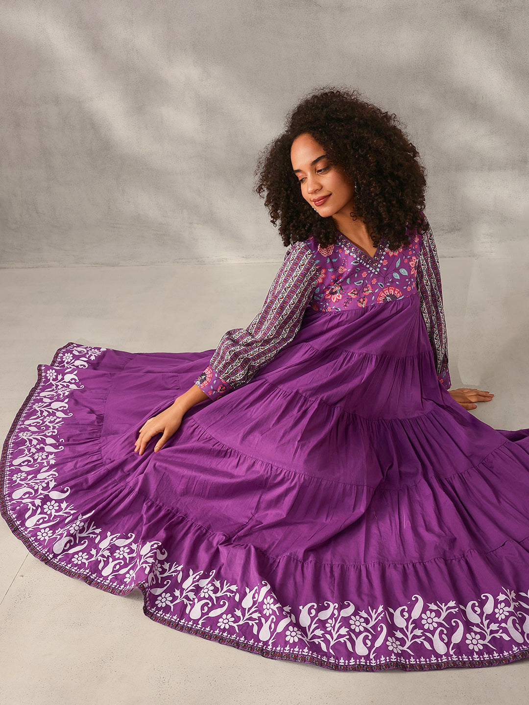 Graceful Lavender Cotton Floral Printed Tiered fit Gown 