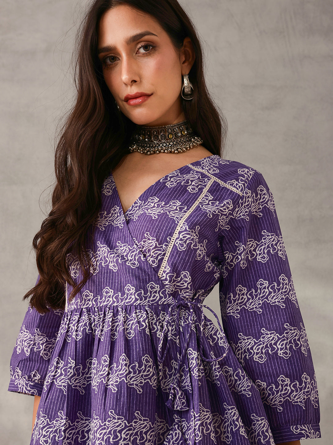 Comfy Purple Cotton Printed Angrakha fit Top