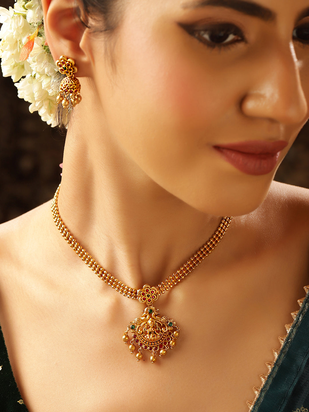 Ishin Blooming Elegance AD Gold Plated Choker Elegance Jhumkis Jewellery Set