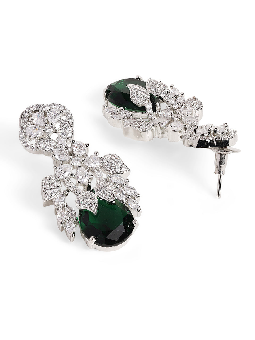 Ishin Green Colour Silver Plated American Diamond Drop Earring