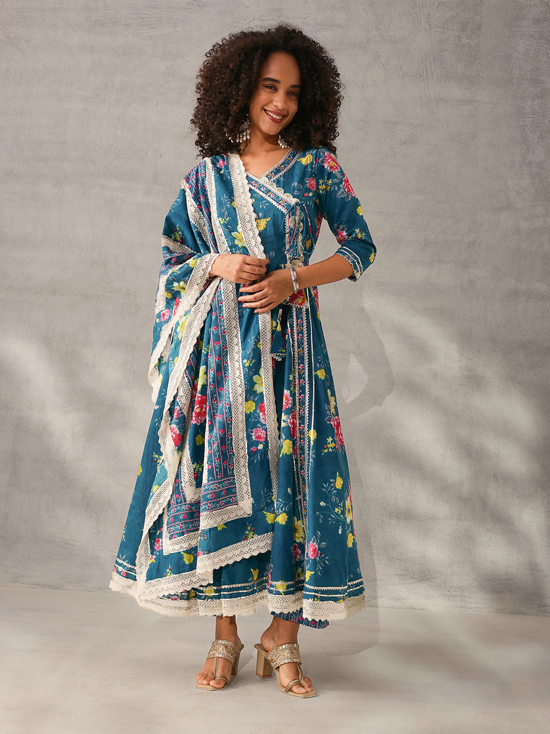 Graceful Teal Cotton Floral Printed Angrakha fit Kurta Set with Dupatta