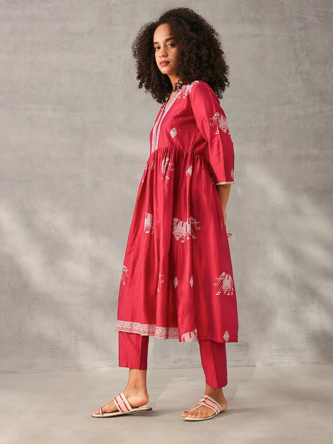 Soft Maroon Polystyrene Foil Printed Anarkali Kurta Set with Bottom