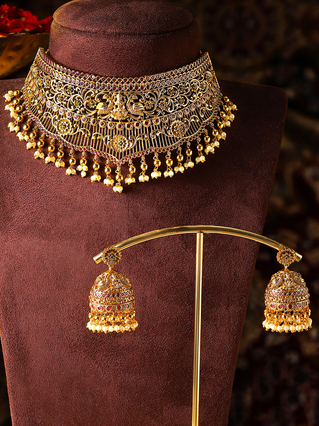 Ishin Floral Elegance Goddess Pattern Gold Plated Necklace Drop Earrings Jewellery Set