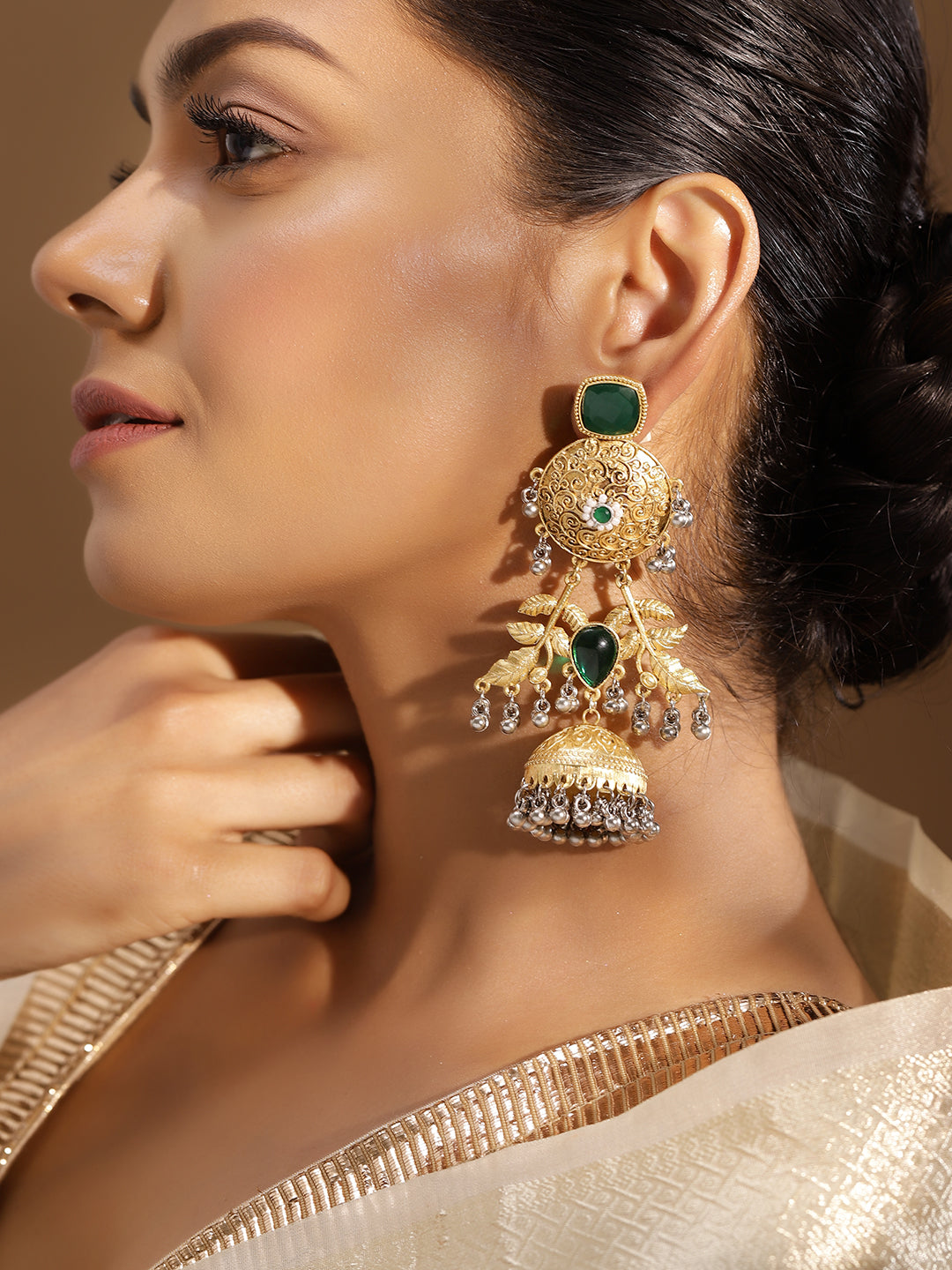 Ishin Green Colour Gold Plated Emerald Drop Earring