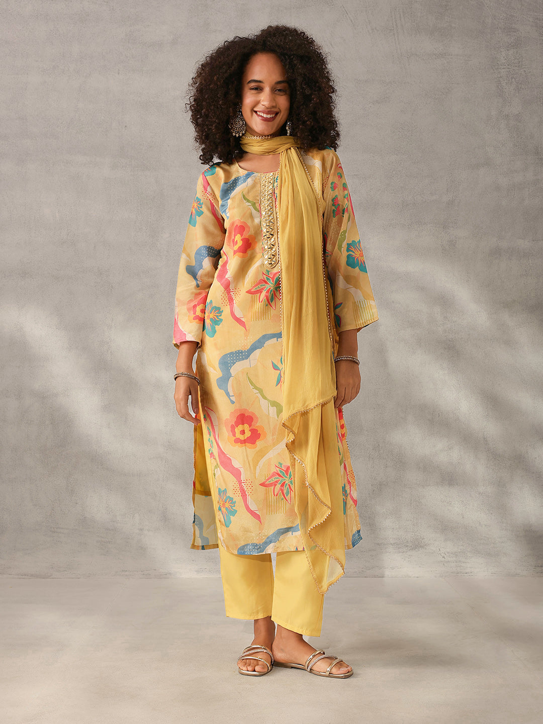 Soft Yellow Chinon Floral Printed Kurta Set with Dupatta