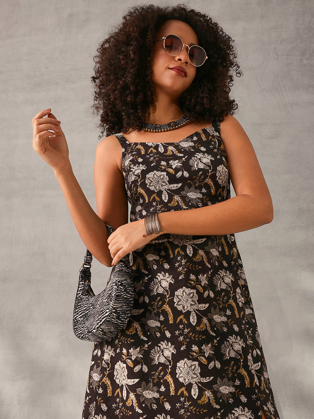 Graceful Black cotton Printed Regular Fit Dress