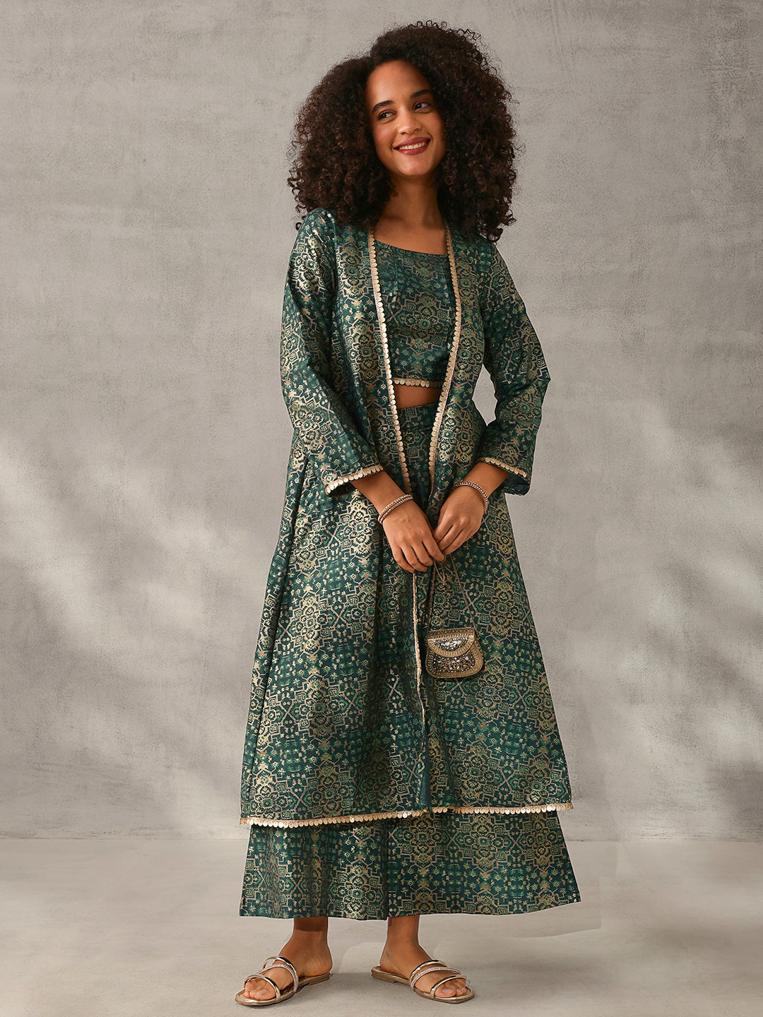 Rich Green Chinon Foil Printed Regular Fit Co-ords with Palazzo Bottom