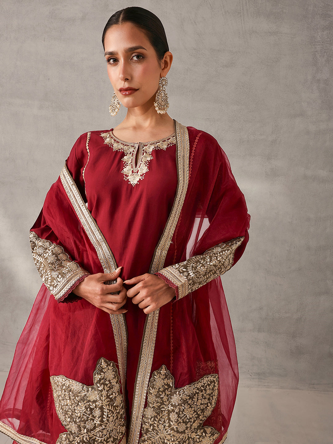 Rich Maroon Roman Silk Zari Embroidered Straight Fit Kurta Set with Dupatta